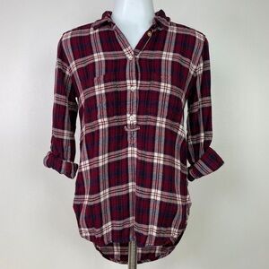 American Eagle Flannel Popover Shirt XS Red Plaid Boyfriend Fit Top Women's